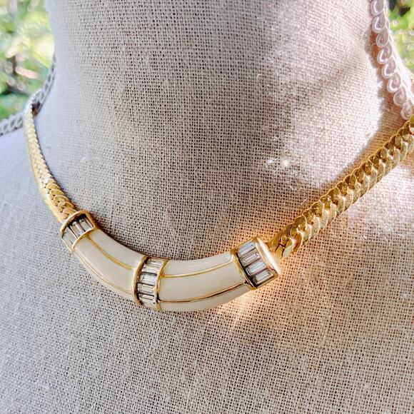 VTG Signed Swarovski Necklace Gold Tone Baguette Rhinestone 1980s Statement - Picture 3 of 16